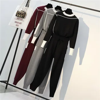 

Woman Sweater Suits Knit Casual Tracksuits Crewneck Pullovers+Drawstrings Elastic Pants Two Piece Sets Female Outfits