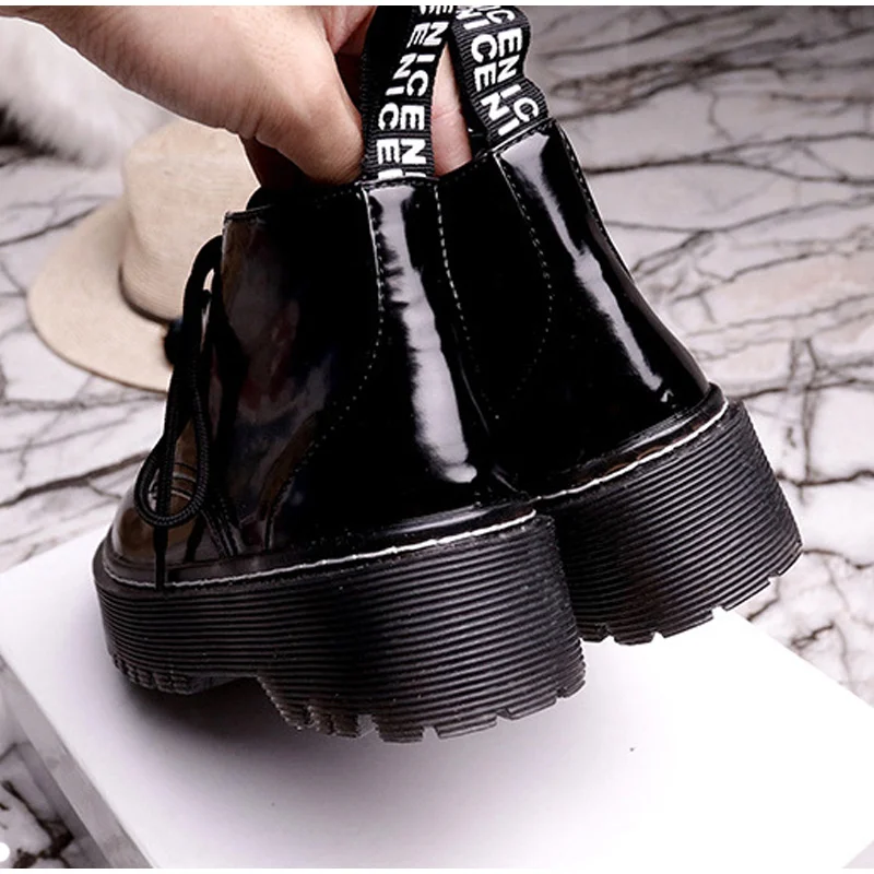 Women's Flat Platform Ankle Boots Autumn Patent Leather Boot Black Lace Up Creepers Shoes Fashion Party Footwear Drop Shipping