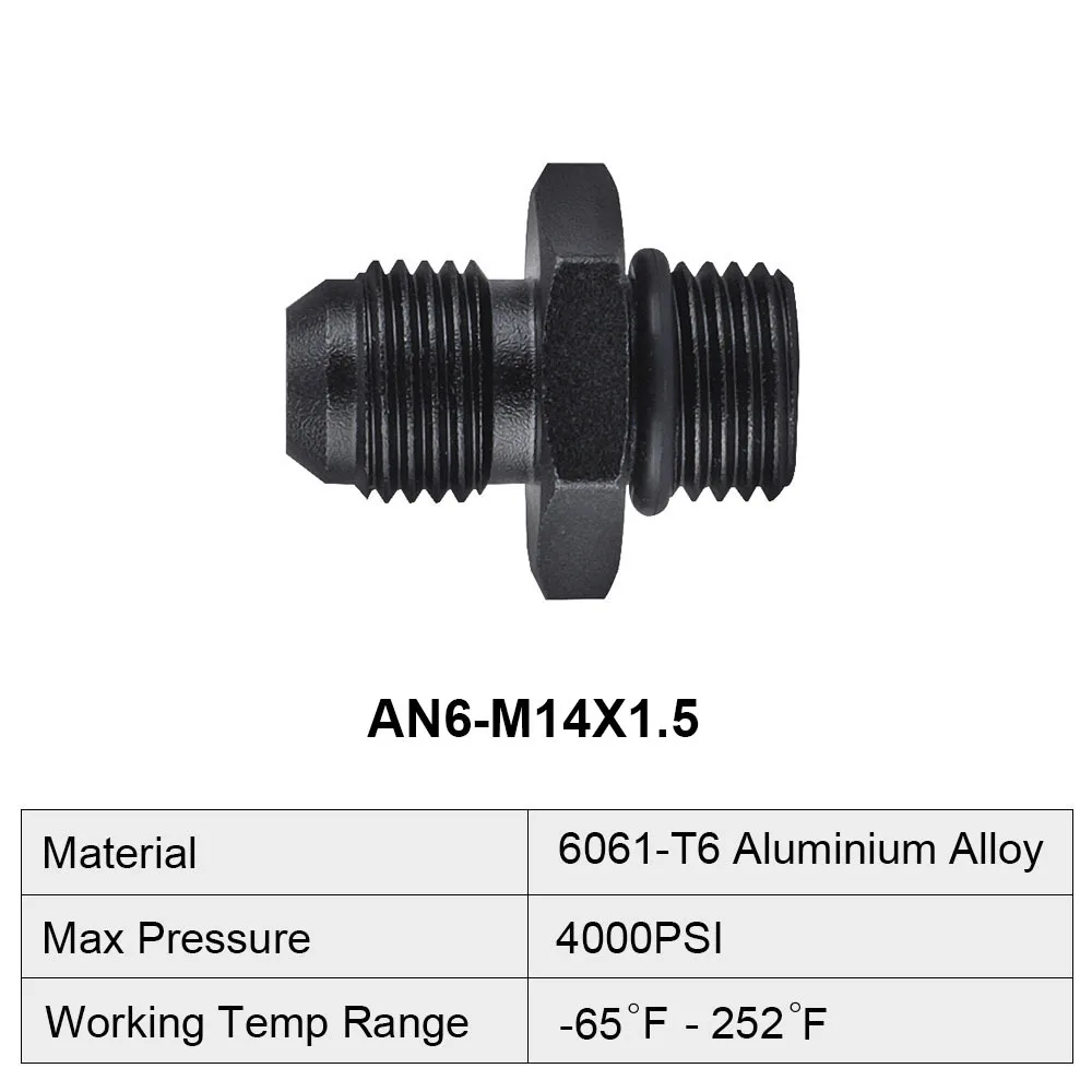 Straight Aluminum Male Flare AN6 to M12*1.5 M14*1.5 M16*1.5 M18*1.5 Male Metric Thread Pipe Fuel Fitting Adapter Black Anodized oil line fitting adapter