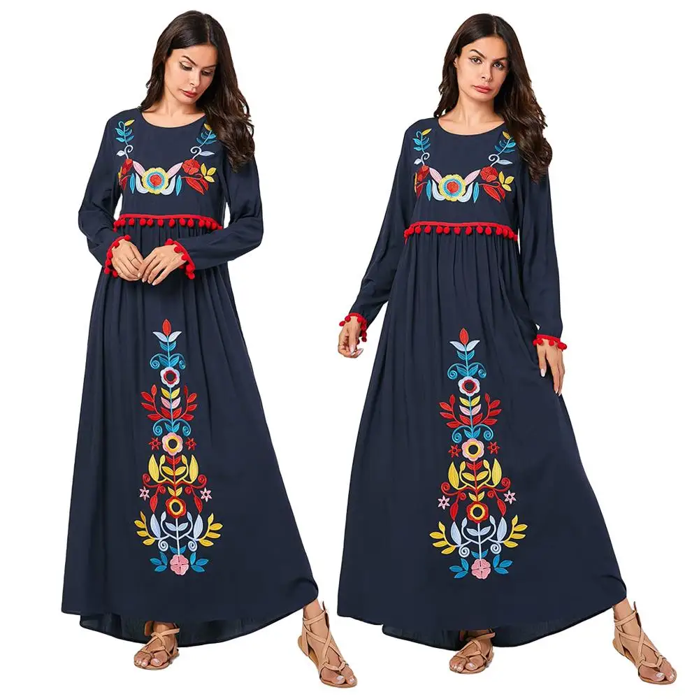 Модное платье abaya женское мусульманский с длинным рукавом Повседневный кафтан вышивка этнические платья Исламская одежда с кисточками драпированный дизайн арабский - Цвет: Navy Blue