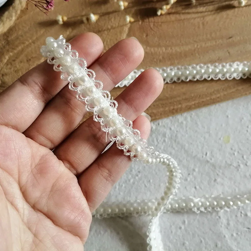 Lace Accessories 1CM Wide Polyester Glitter Pearls Braided Webbing Beaded Fringe Lace Edging Trim Wedding Dress Headwear DIY Sewing Decor