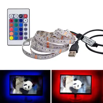 

DC 5V SMD 3528 USB Power LED Strip Light RGB 24key Remote Controller Flexible Ribbon Adhesive TV Background Lighting