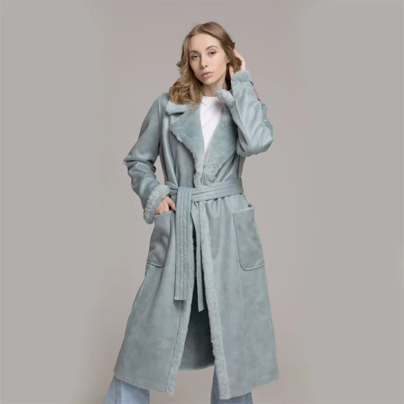 

2019 European and American Autumn Winter Jackets new Women's Faux Fur Mixed Fur Coat Long Sleeve Belt Overcoat XA90
