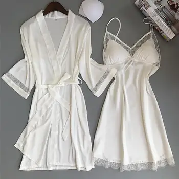

Sexy Women Rayon Kimono Bathrobe WHITE Bride Bridesmaid Wedding Robe Set Lace Trim Sleepwear Casual Home Clothes Nightwear