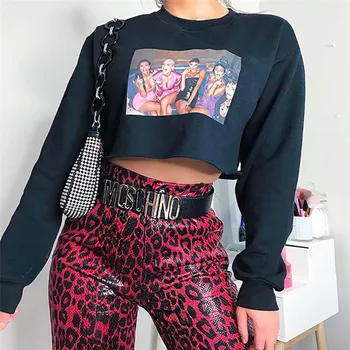 

2019 Fall Autumn Fashion Loose Women Sweatshirts Long Sleeve O-Neck Print Crop Tops Ladies Girls Pullover Tops Female Streetwear