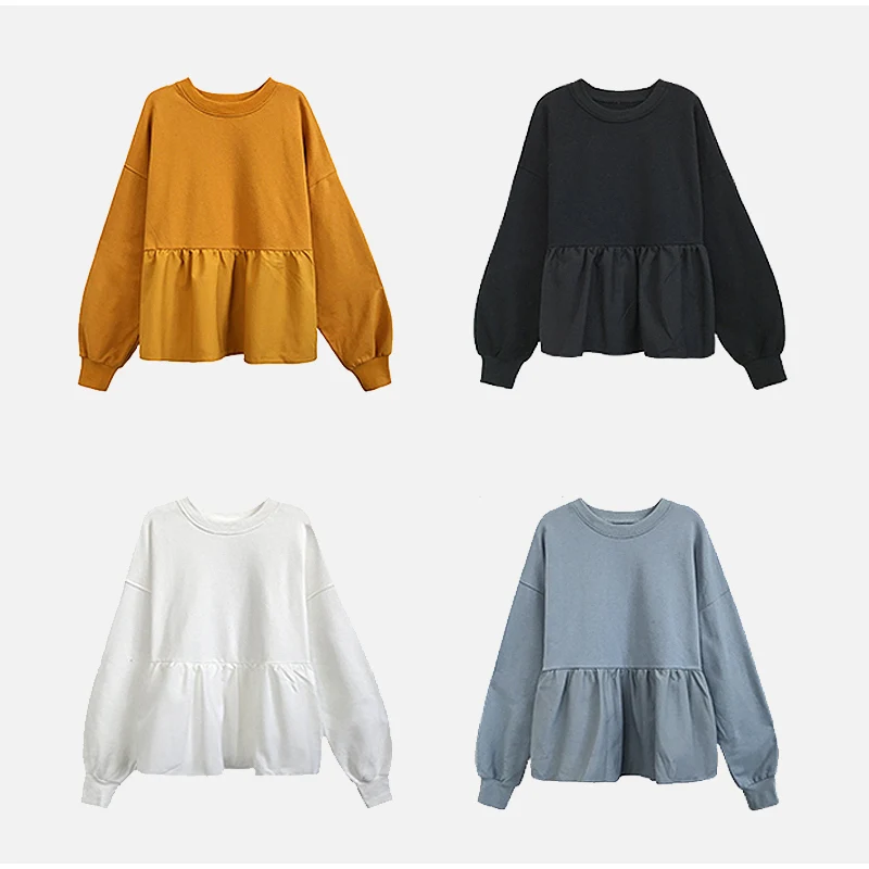 Корейский стиль, толстовки для девочек, одноцветная толстовка с капюшоном, топы, Женская толстовка с длинными рукавами, зимние свитшоты с круглым вырезом, свитшоты с оборками для женщин