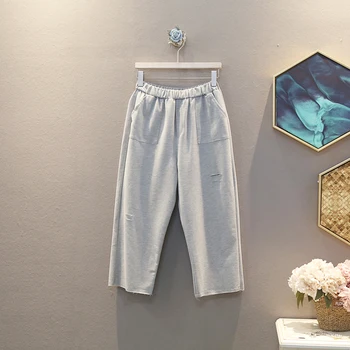 

[EWQ] 2020 Spring Summer New Arrivals High Waist Solid Pattern Pockets Hole Fashion Trend Calf-length Pants Women AW97601XL