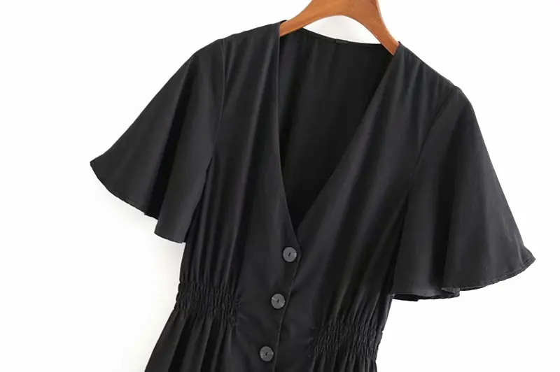 Винтажное Элегантное Черное миди-платье на пуговицах, Женская мода, v-образный вырез, эластичный с коротким рукавом, талия, шикарные платья повседневные платья Mujer
