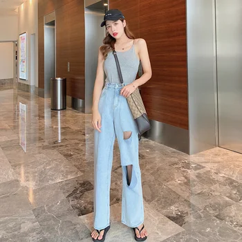 

Women spring summer jeans thin hole female denim pants high waist loose long jeans for women J4004