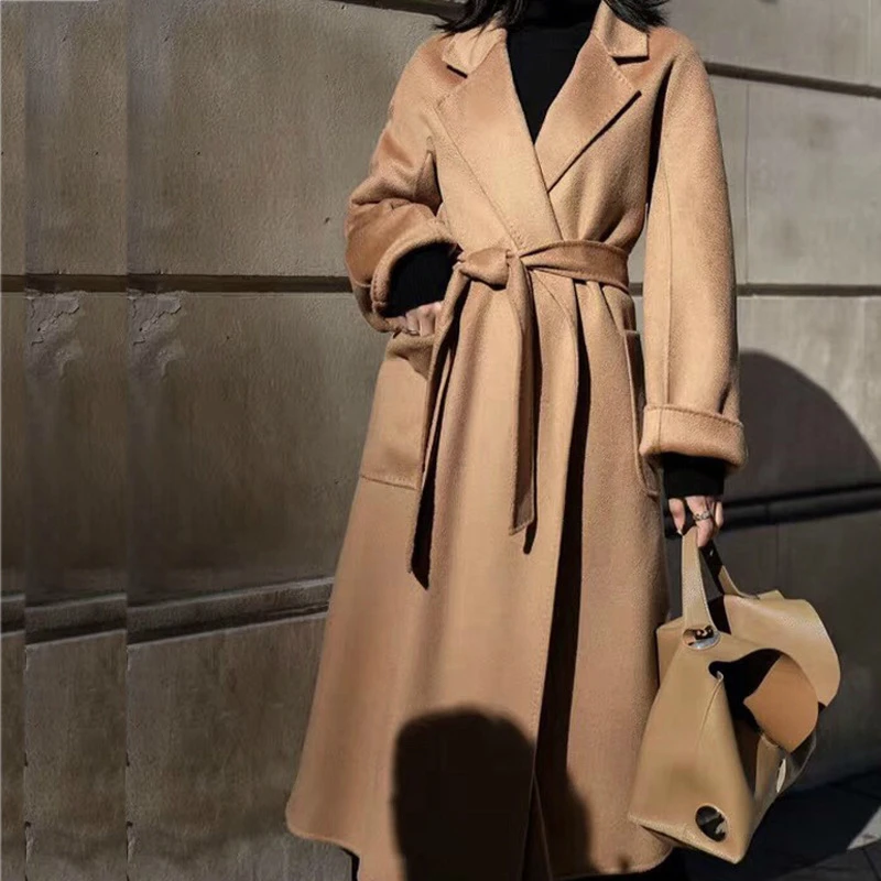 Зимнее корейское популярное высококачественное шерстяное пальто из гофрированной ткани, модный длинный халат, стиль, шерстяная куртка-пальто для женщин