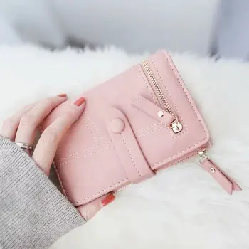 

Women's short wallet 2020 new features pure color stitching buckle multi-card position coin purse Korean women's wallets and