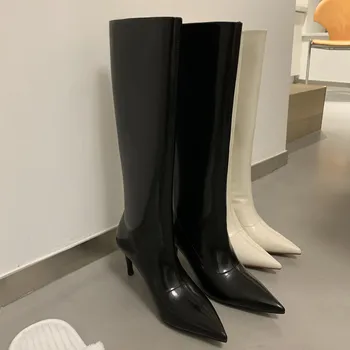 

2021 Genuine Leather Thi High Heels Women Kenn High Boots Fashion Pointed Toe Women Winter Retro Party Shoes Woman