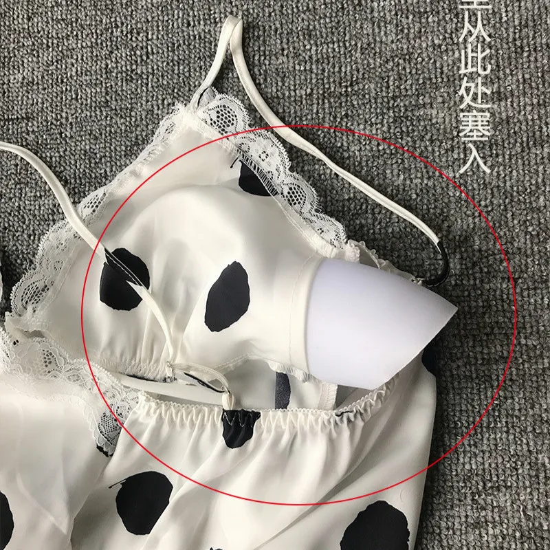 Polka Dot Spaghetti Strap Pajamas for Women Silk Night Suits Satin Pyjamas Women Sexy Pijama with Chest Pad Lingerie Sleepwear