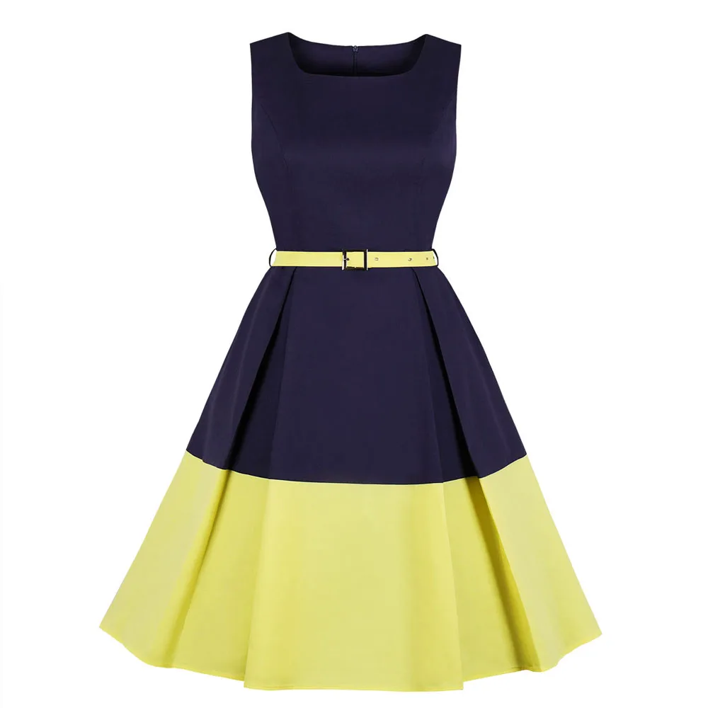 yellow dress Летнее винтажное ретро платье темно-синего желтого цвета блок Туника женский ремень деловой костюм для стройных дам плиссированные Хлопковые Платья Vestidos - Цвет: yellow dress