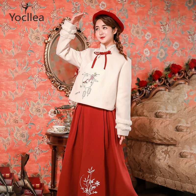 

Autumn winter two piece set women New Year Hanfu vintage Long sleeve Wool Tops Coat + Skirt set Young girl Christmas clothes