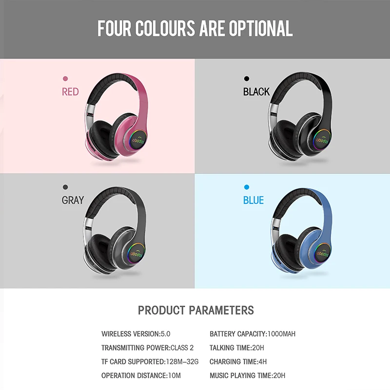 1000mAh battery wireless headset 20H Playtime Bluetooth Headphone Foldable LED Light 3D stereo gaming Earphone 6 equalizer modes
