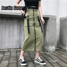 Женские модные юбки армейский зеленый с высокой талией Safari рабочие юбки молнии уличная длинная юбка карманы базовые юбки для женщин s