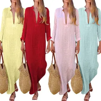 

Women's Kaftan Cotton Long Sleeve Plain Casaul Oversized Maxi Long Shirt Dresses Bikini Cover Up Beach Dress