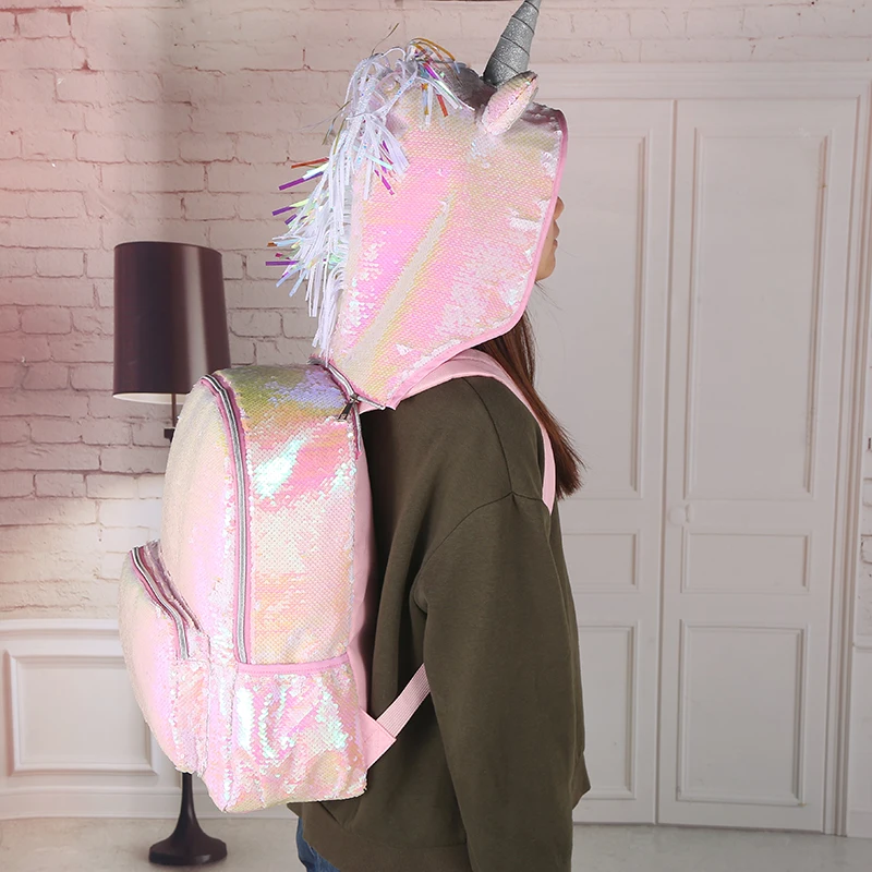 [New Arrival] Hologram Sequin Unicorn Hooded Backpack