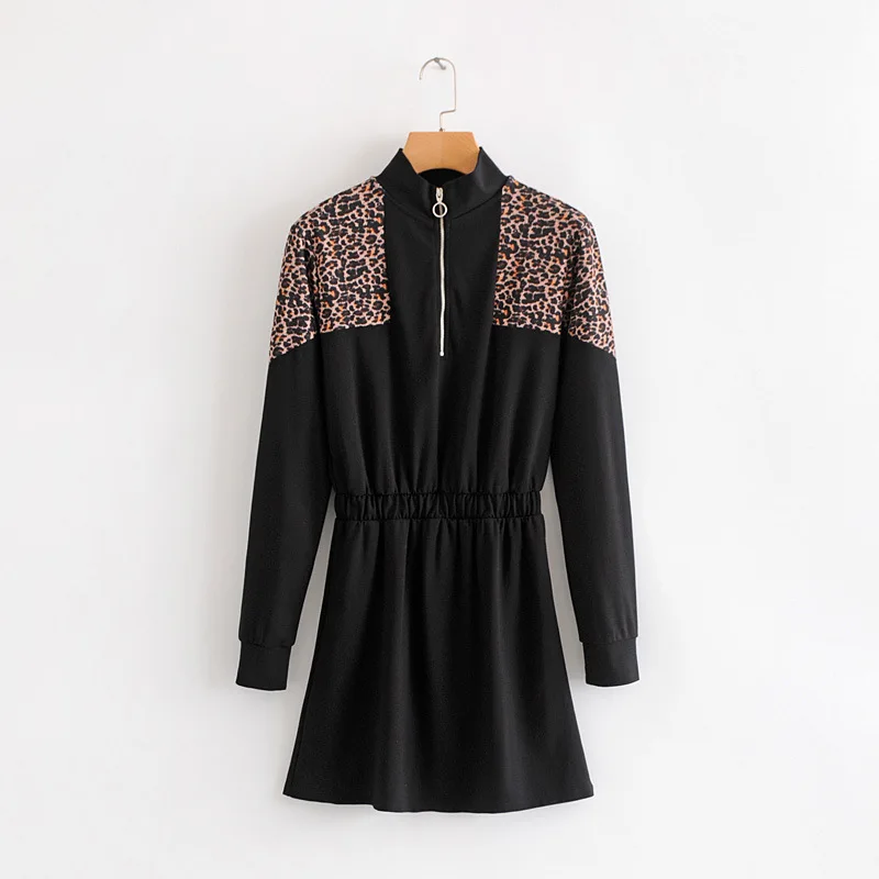 

Leopord Pattern Joint Long Sleeve Neckline Zipper Waist Hugging Slimming Skirt Western Style Spring New Products Women's Slim Dr