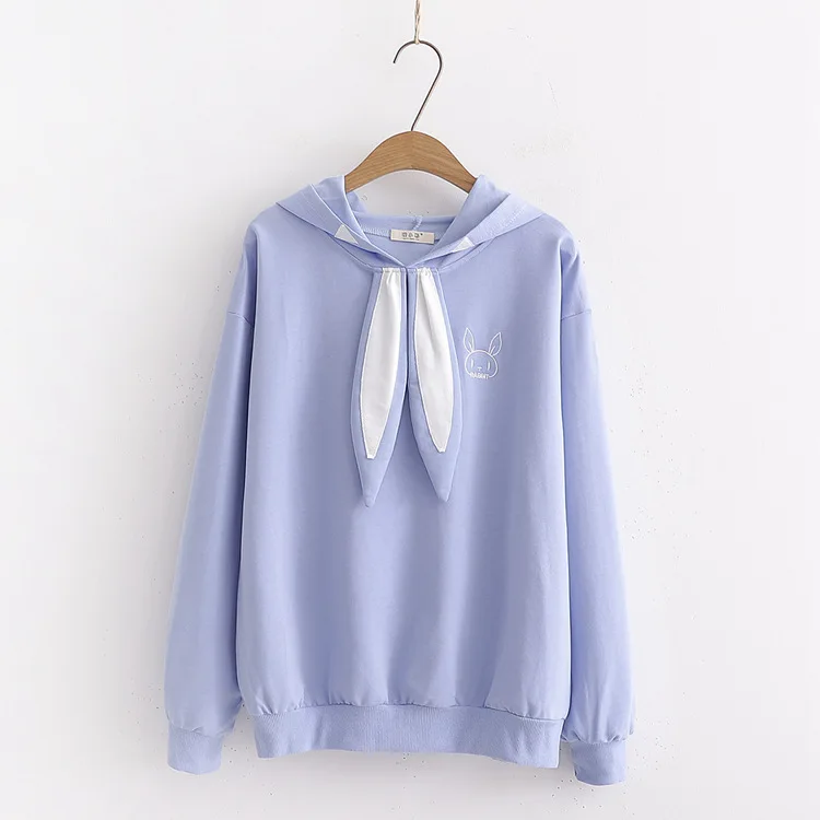 Синий Merry Pretty женский мультфильм вышивка Harajuku толстовки с капюшоном зима длинный рукав Кролик уха лоскутное корейские толстовки - Цвет: Синий