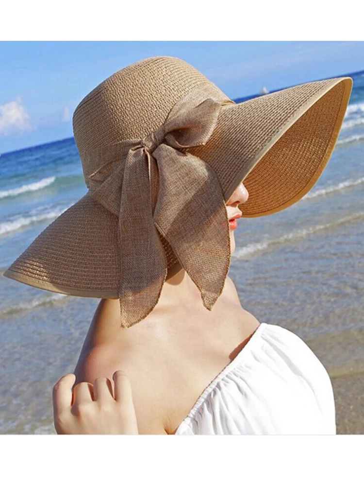 Summer Women Straw Hat Bowknot Wide Brim Floppy Panama Hats Female Lady Outdoor Foldable Beach Sun Cap