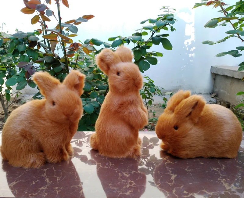 Полиэтилен и меха коричневые кролики реалистичные игрушки один лот/3 шт. кролики жесткий пропеллер модели домашний декорация