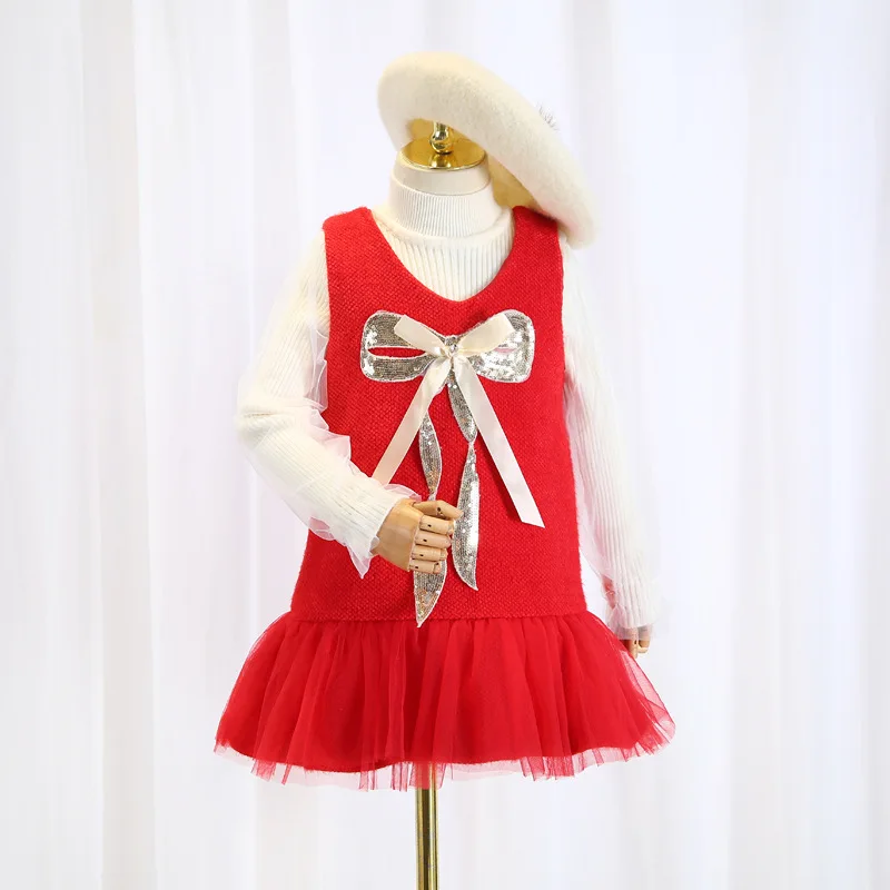 Рождественское платье для девочек осень-зима платье для девочек с блестками и бантом, женское сокровище платье без рукавов