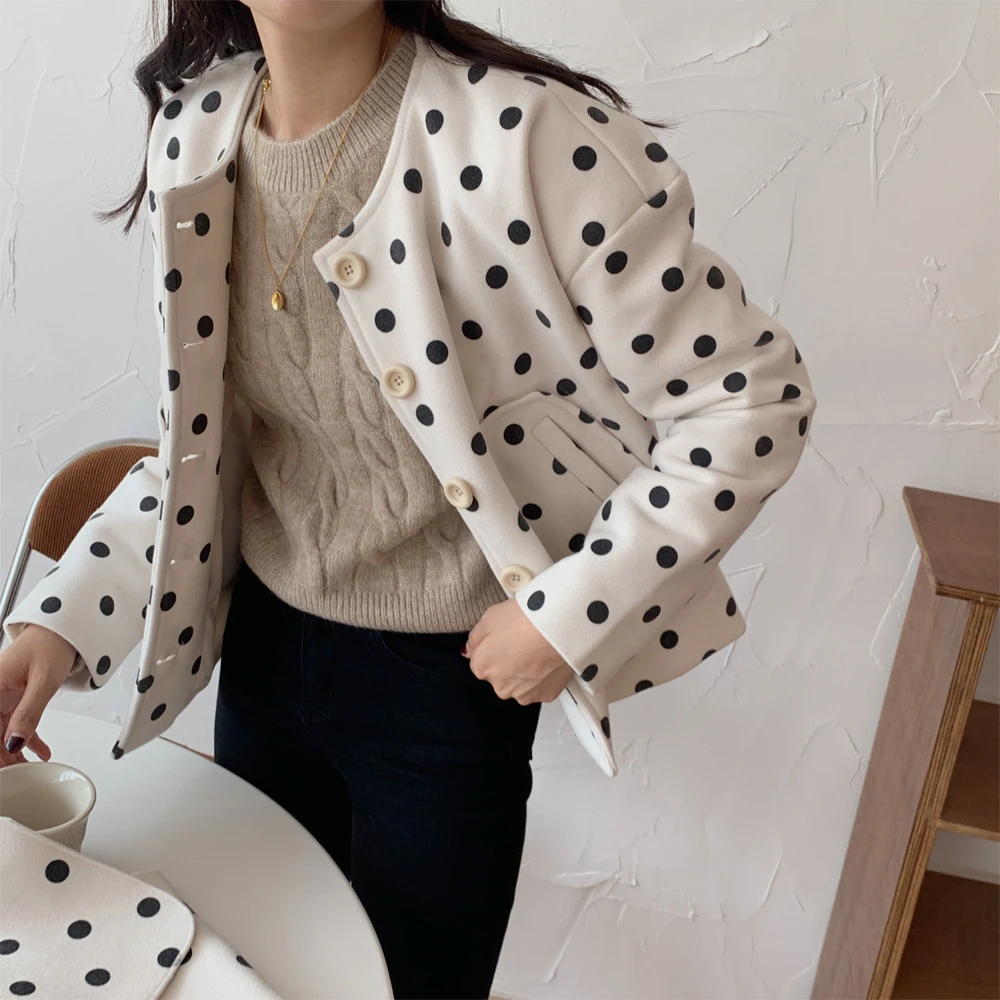 SHENGPALAE Autumn Winter With Bow Long Sleeve Vintage Fashion Jacket Plaid Dot Printing Loose Women Coat Tide FV980