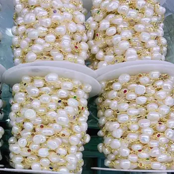 

5Metre Gold Color Connectors Irregular Pearl Beads Chains,Natural Fresh Water Pearl Beaded Cubic Zircon Rosary Chains Findings