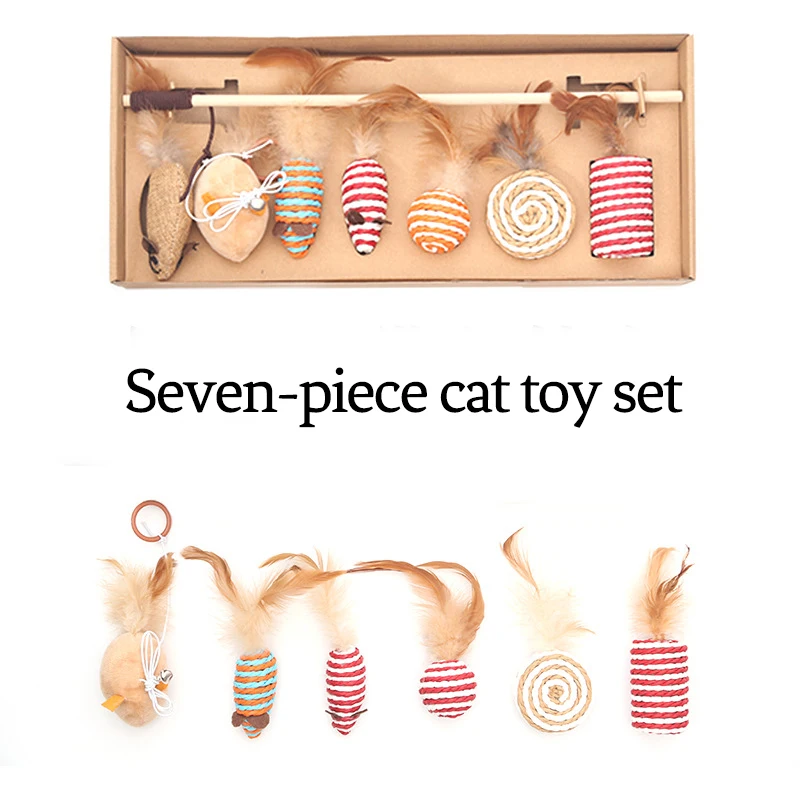 

7 Pcs/Set Funny Cat Stick Set Soft Feather Bells Simulation Mouse Stick Cats Molars Toys Set Pet Supplies Gift for Cat