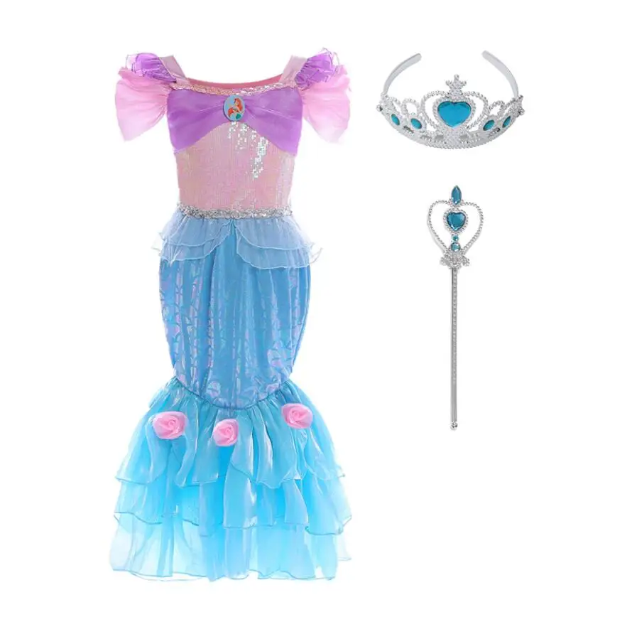 Dress with Crown Для маленьких девочек принцесса-Русалочка Ариэль Косплэй костюм девочки; дети вечернее платье принцессы платье «хвост русалки» на Хэллоуин Рождественское праздничное платье подарок - Цвет: Dress with Crown