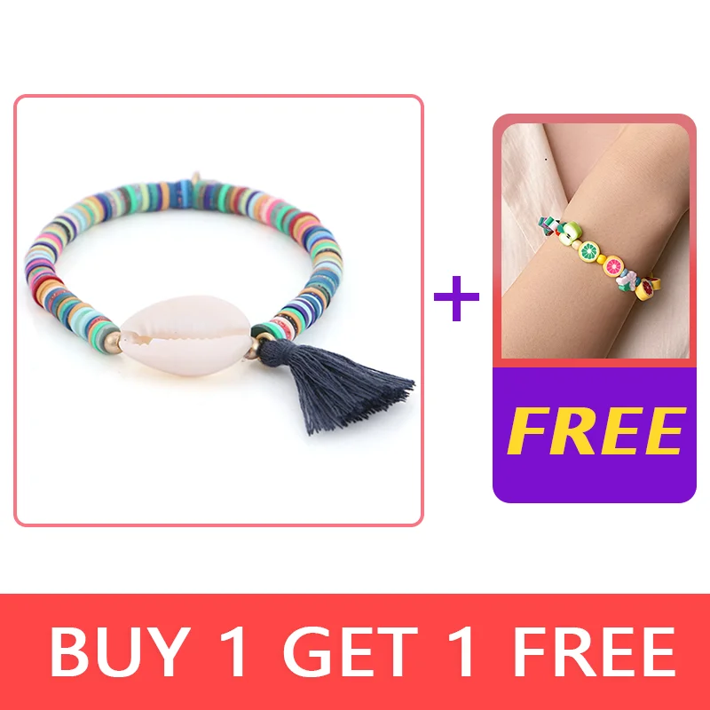 Badu White Shell Elastic Bracelet Bohemian Colorful Polymer Clay Beaded Bracelets for Women Holiday Jewelry Seashell Beach