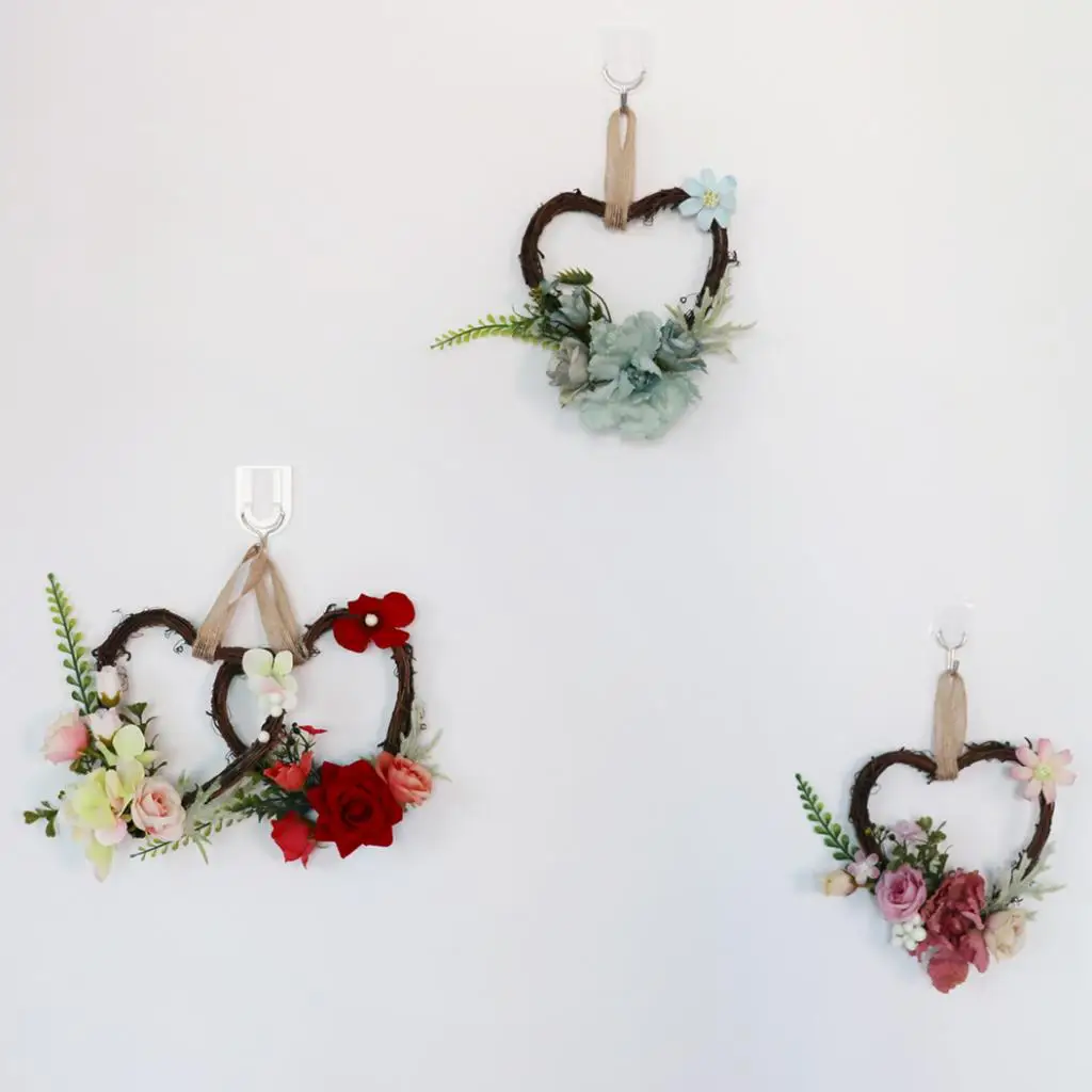 Heart Rattan Simulation Rose Flower Wreath Farm House Indoor Outdoor Decoration