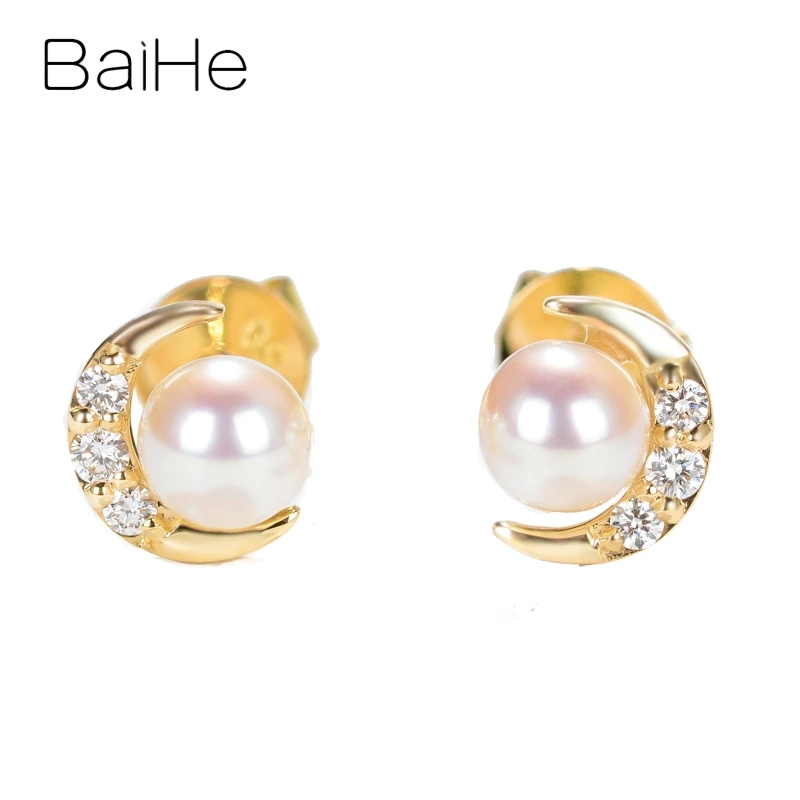 Yellow Gold BAIHE Solid 14 к желтое золото 4 мм безупречный натуральный пресноводный жемчуг свадебные женские ювелирные изделия элегантный уникальный подарок на Луну серьги - Цвет камня: Yellow Gold