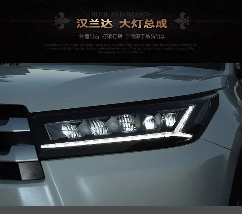 1 пара для Toyota светодиодная лампа дальнего света в сборе передние фары для Highlander Головной фонарь 22018 год полный светодиодный