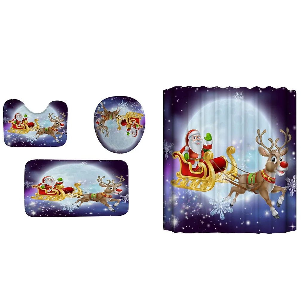 3Pcs/set Christmas Red Gift Bathroom Mat Set Flannel Anti-Slip Kitchen Mat Carpet Bathroom Toilet Rug Washable Shower Curtain