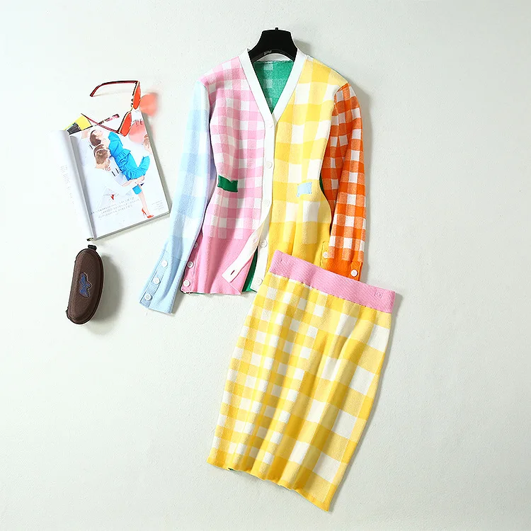 Herfst 2019 nieuwe Europese en Amerikaanse vrouwen dragen Lange mouwen v-hals single breasted trui Check print rok breien pak Herfst 2019 nieuwe Europese en Amerikaanse vrouwen dragen Lange mouwen v-hals single breasted trui Check print rok breien pak