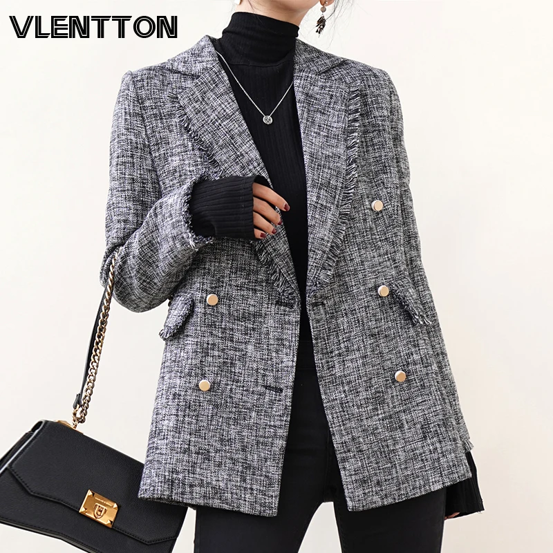

2020 Autumn Winter Women Vintage Plaid Tweed Blazers fashion Tassel Suit Jackets Korean Outwear Tops Female Office Blazer Mujer