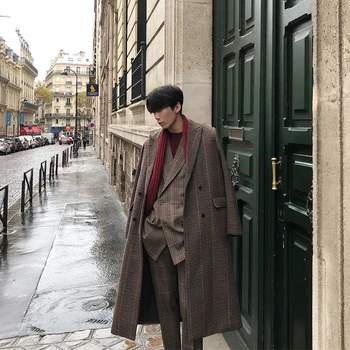 

Mens Wool Blends Double Breasted Overcoat Checks Plaids Lapel England Style Loose Male Outwear Coffee Long Coat B67