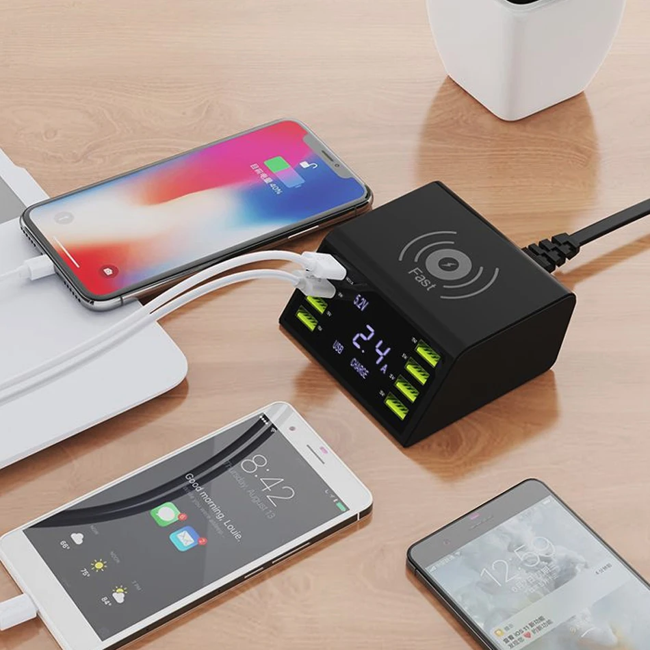 ЖК-цифровой дисплей быстрое зарядное устройство 8 портов usb зарядная док-станция QC 3,0 с 10 Вт Беспроводное зарядное устройство для iPhone 5 6 7 8 X
