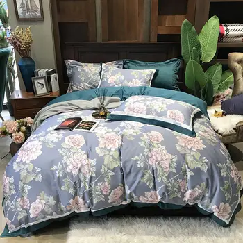 

Blue flower bedding set 100% Egyptian cotton bedspread 220 x240 bed linen soft satin duvet cover queen king size bedclothes