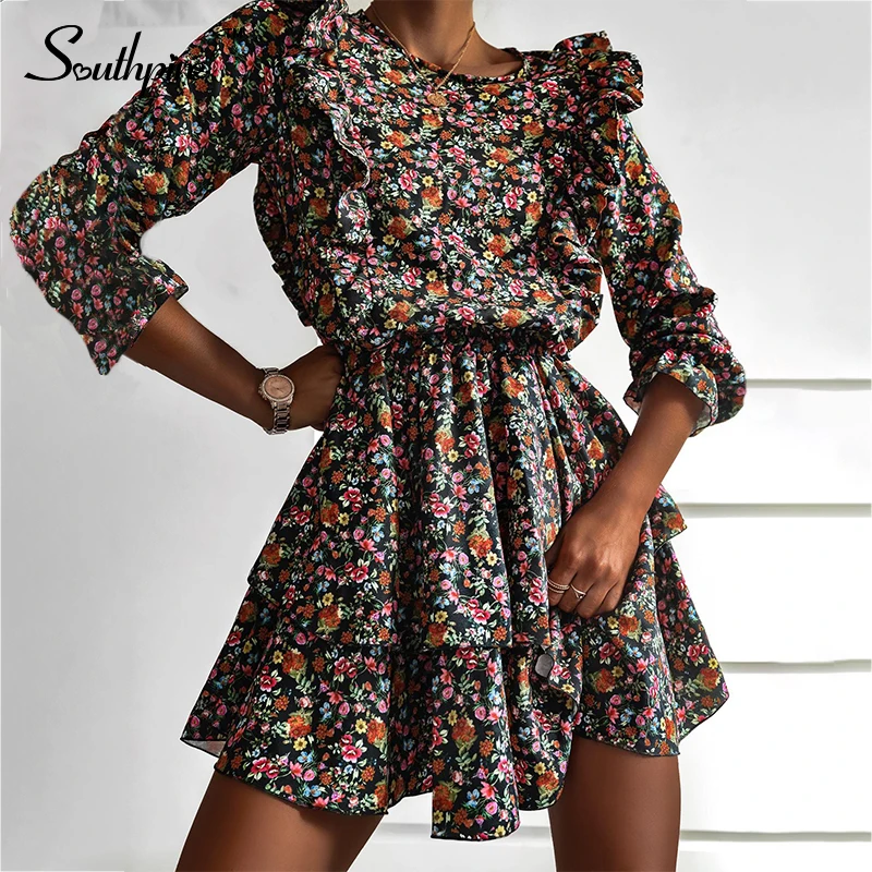 Southpire O-Neck A-Line Black Flower Print Vintage Casual Women‘s Dress Long Sleeve Ruffle Mini Party Daily Female Clothes | Женская