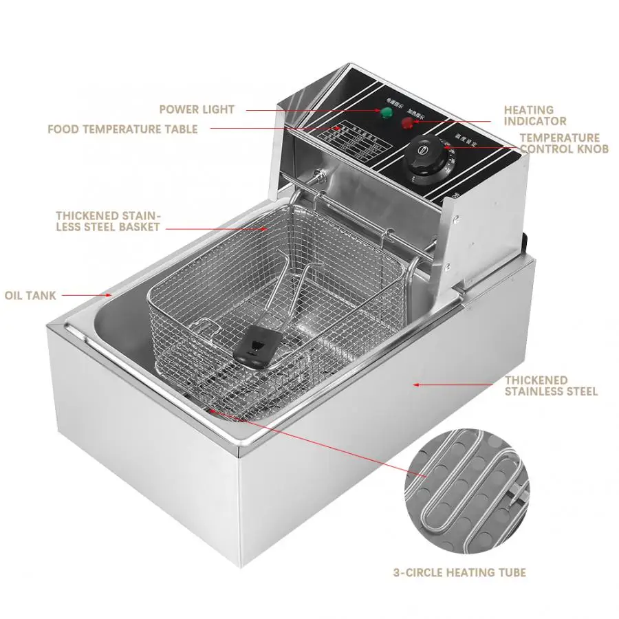 Электрическая Фритюрница 6L 2500W Коммерческая нержавеющая сталь электрическая глубокая Fryer с корзиной 220V CN вилка
