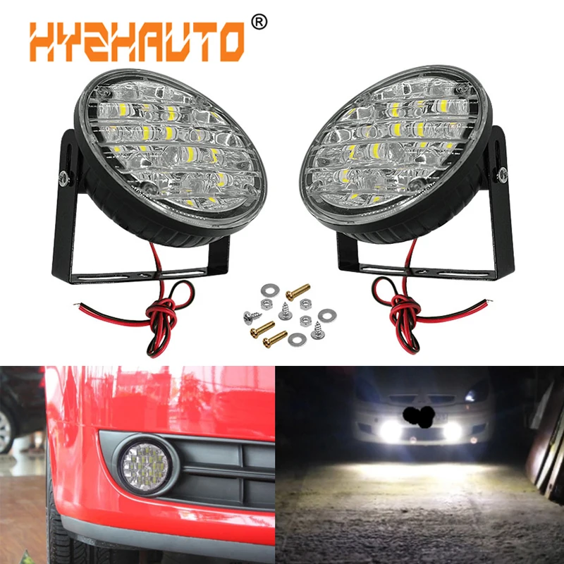 

HYZHAUTO 2Pcs 90MM Round LED Daytime Running Light 18 LED Car Front Fog Lamp Driving Bulbs White 12V Auto DRL