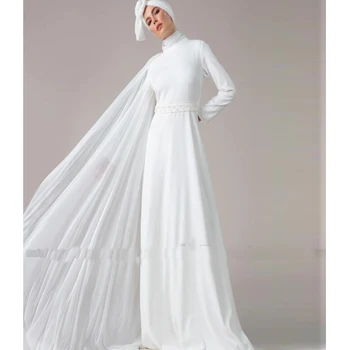 

Long Sleeves Muslim Wedding Dresses Floor length Sweep Train Jewel Applique Chiffon Floor-Length Arabic gelinlik