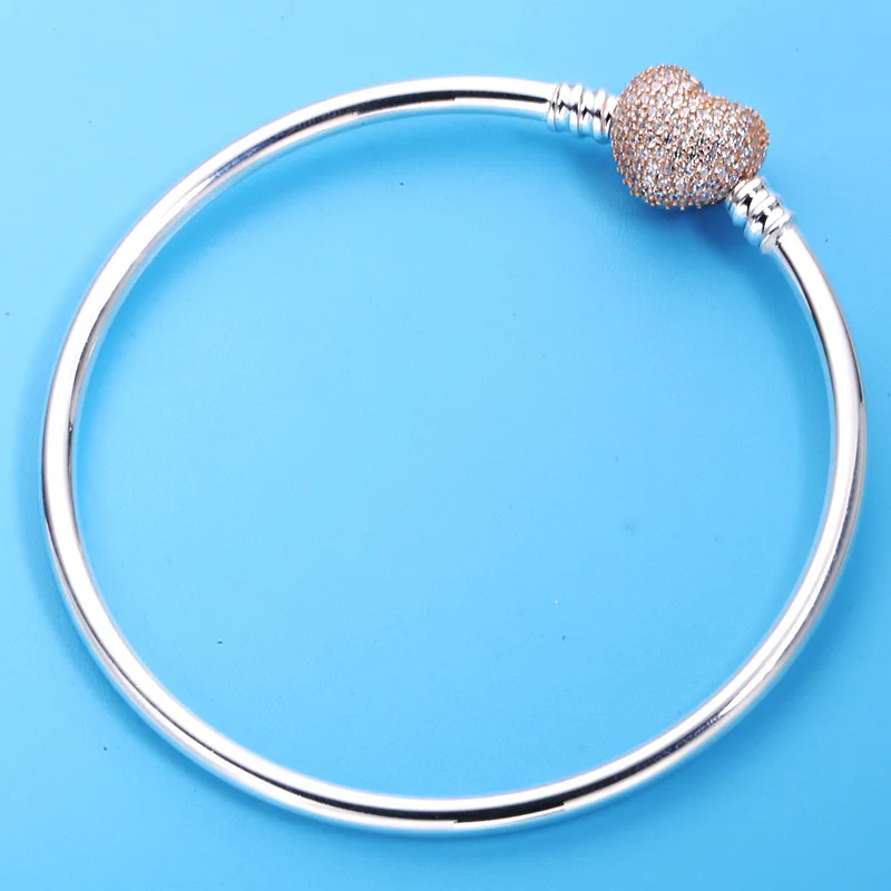 925 Sterling Silver Rose Gold Moments Pave Heart Clasp Crystal Pan Bracelet Bangle Fit Women Bead Charm Diy Europe Jewelry