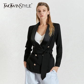 

TWOTWINSTYLE Solid Elegant Women's Suit Notched Collar Long Sleeve Tunic Lace Up Slim Blazer Female 2020 Fashion Autumn Tide