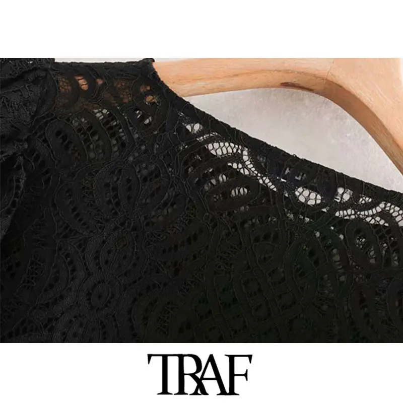 TRAF, женские винтажные стильные короткие кружевные блузы с оборками, Модные прозрачные рубашки с круглым вырезом и длинным рукавом, блузы, шикарные топы