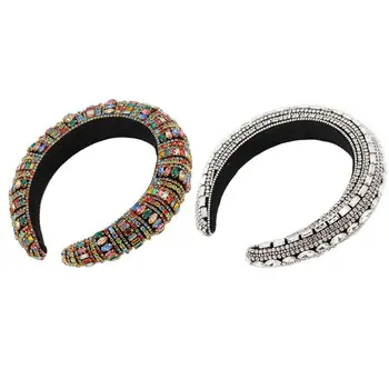 

Women Bohemian Wide Headband Full Colorful Faux Crystal Rhinestone Hair Hoop Handmade Thick Sponge Padded Prom Jewelry Crown
